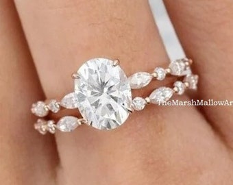 2CT Man Made Oval Diamond Simulant Half Eternity Ring Set in Rose Gold Plating / Round & Marquise Cluster Bridal Ring Set / Matching CZ Band