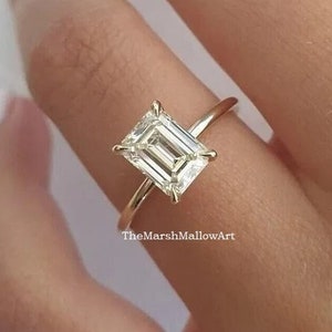 2CT Emerald Cut Simulated Stone Wedding Ring / Solitaire Four Prong Proposal Ring / 14KP Yellow Gold Plated Emerald CZ Ring For Her