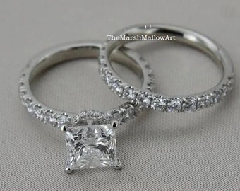 2CT Princess Cut Cubic Zirconia Bridal Ring Set /Hidden Halo 4 Prong Setting Bridal Ring with One Matching Band /14K White Gold Plated Rings