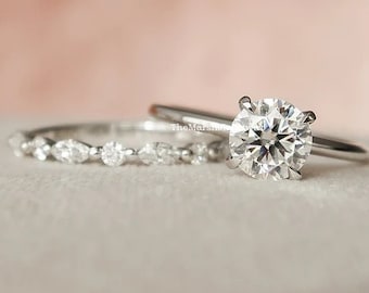 1.5CT Round Cut Lab Diamond Anniversary Ring / 14K White Gold Plated Bridal Set / Marquise and Round Stone Matching Band / Ring Set For Her