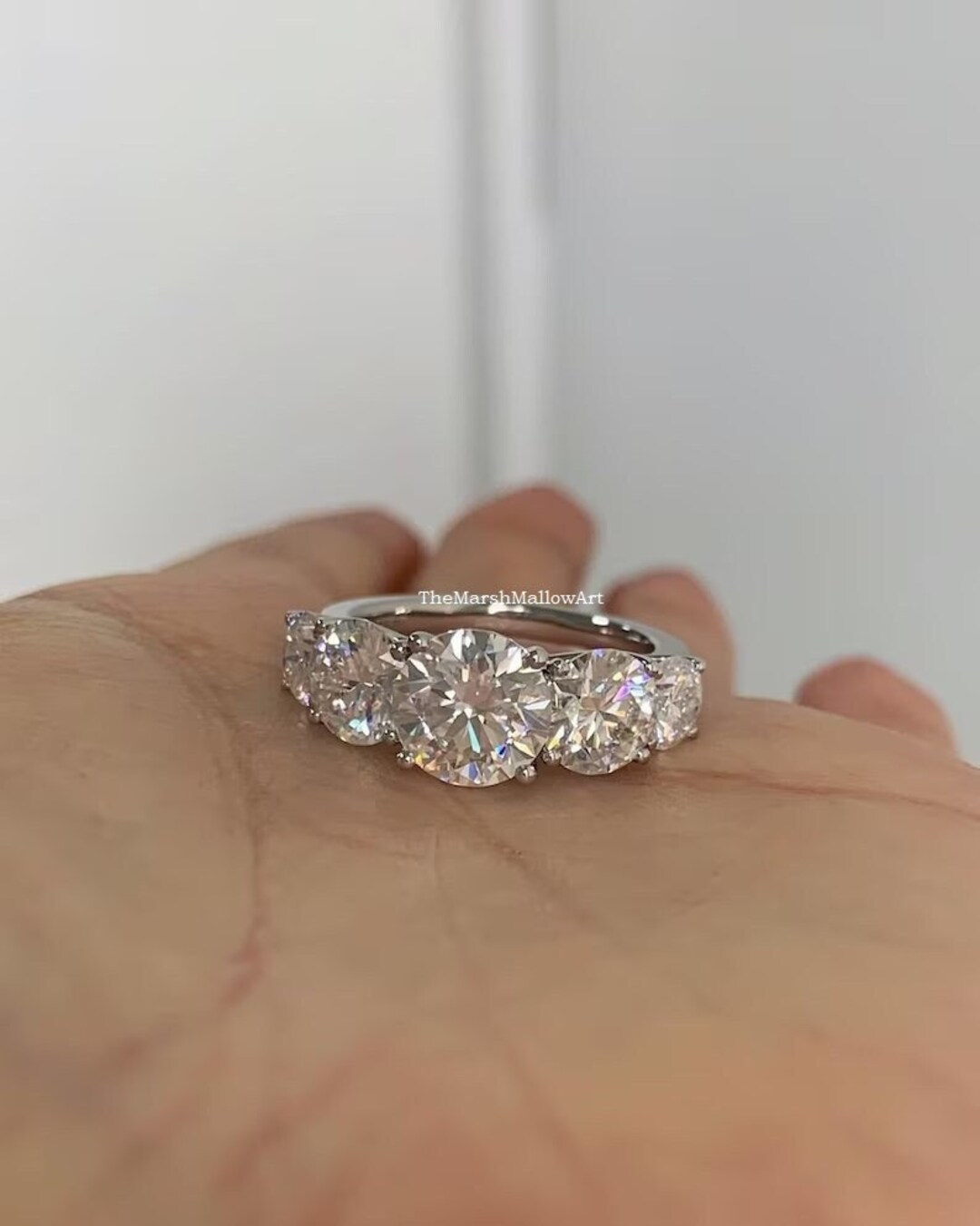 Five Round Brilliant Cut Simulated Stone Wedding Ring / 14K White Gold ...