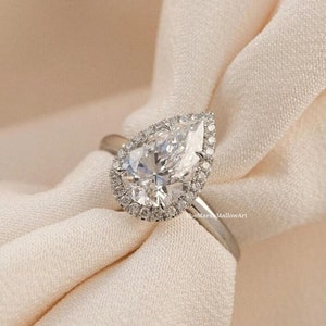 Huge 3CT Pear Cut Diamond Halo Perfect Engagement Ring / 14K Yellow Gold Plated Diamond Wedding Ring / Cubic Zirconia Diamond Ring&#39;s For Her