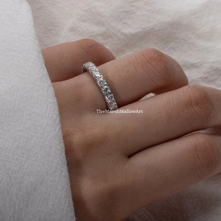 3MM Brilliant Cut Round Engagement Band / Full Eternity Classic Wedding Band in 14K White Gold Plating / Classic Matching Band in 925 Silver