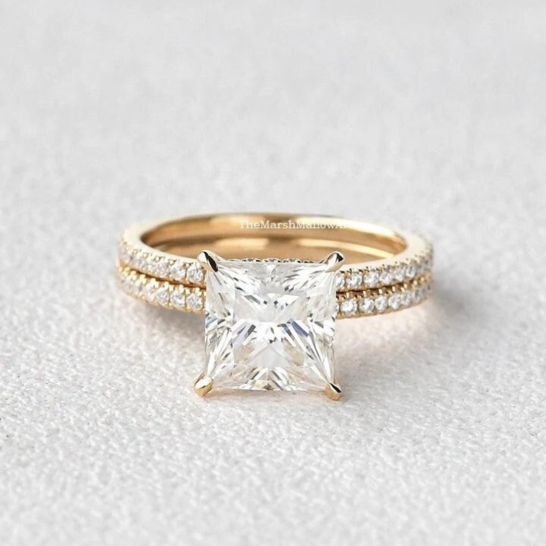 3.5CT Princess Cut Lab Diamond Wedding Ring Set / 14K Yellow Gold ...