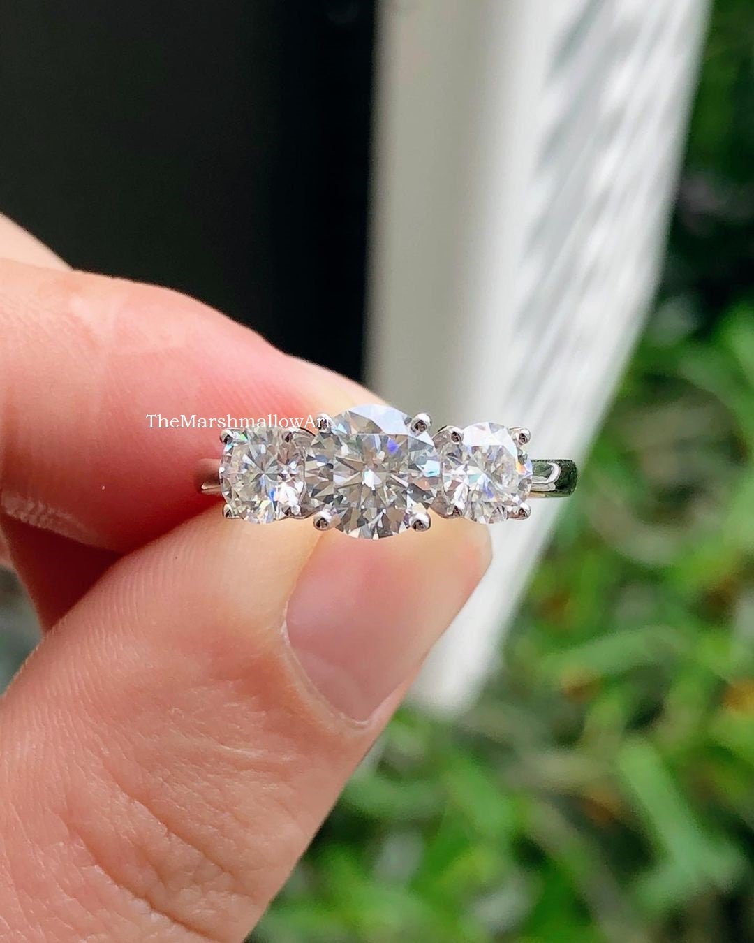 14K White Gold Plated Three Stone Simulated Stone Ring /three Round ...