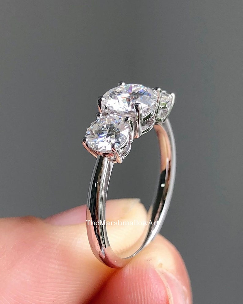 14K White Gold Plated Three Stone Simulated Stone Ring /three Round ...