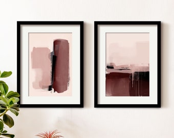 Pink Abstract Wall Art Set, Set of 2 Framed Minimalist Art Prints, Modern Blush Pink Apartment Home Wall Decor