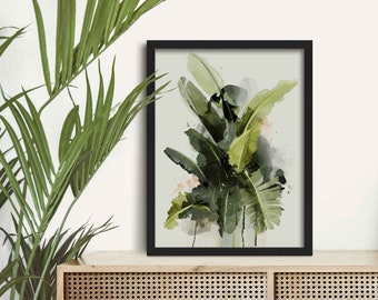 Abstract Banana Leaf Plant Art Print, Modern Green Botanical Wall Art, Framed Tropical Wall Decor