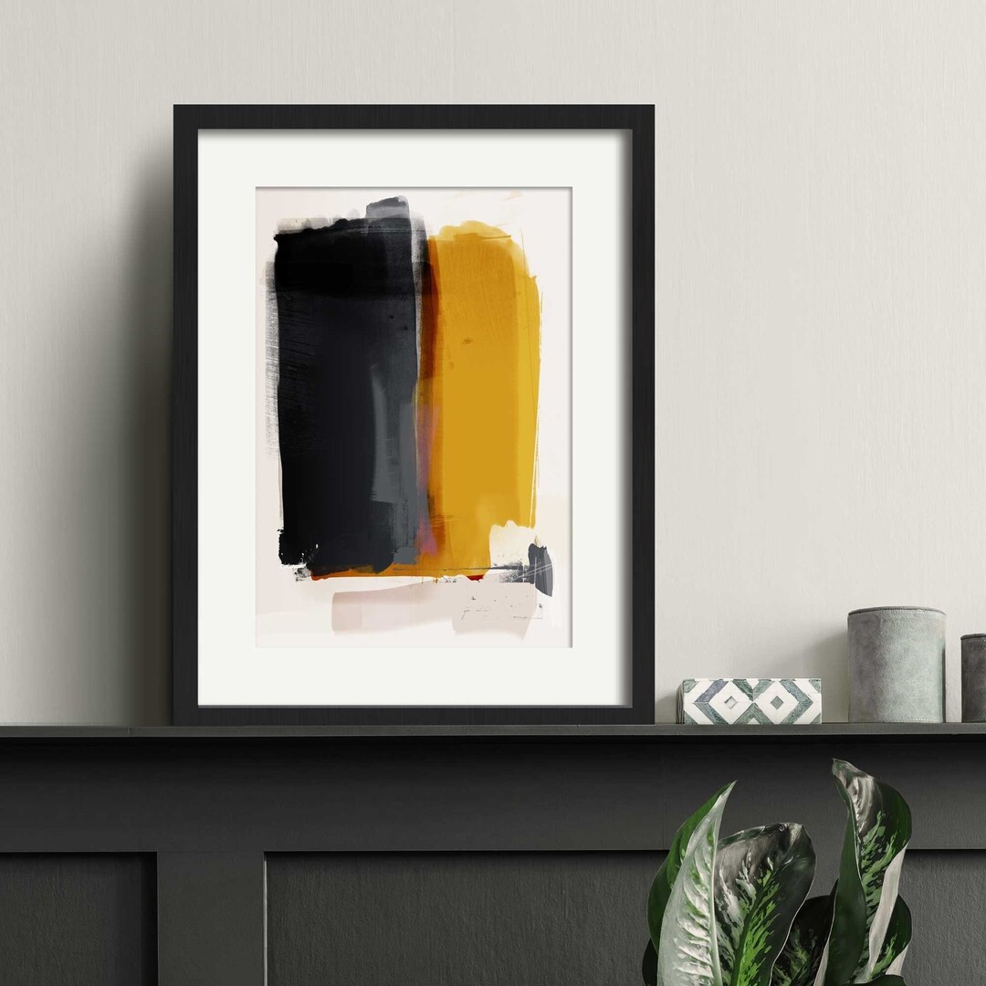 Minimalist Yellow & Grey Wall Art, Large Framed Modern Abstract Art