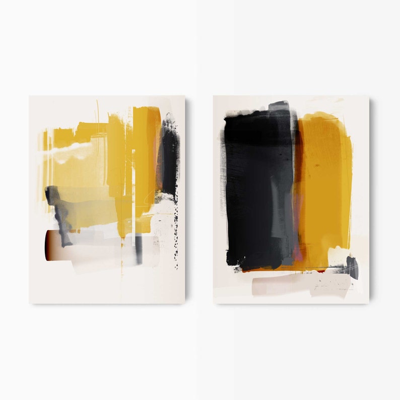 Mustard Yellow and Grey Abstract Wall Art Set of 2, Framed Minimalist