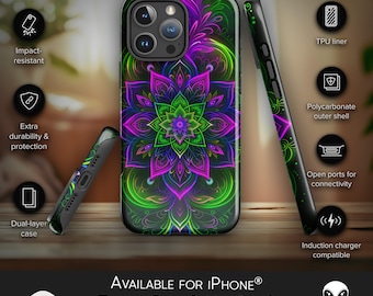 Funda psicodélica para iPhone: Patrón de símbolo chamánico, mandala, ligera y protectora, ideal para escritorio y estudio, arte abstracto visionario.