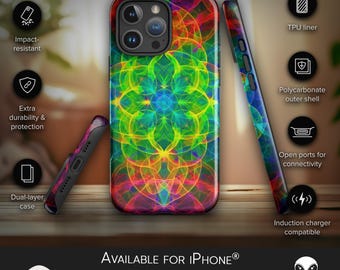 Funda psicodélica para iPhone: diseño de vórtice de neón, superficie de tela suave al tacto, estilo creativo y cotidiano, con un toque de arte digital psicodélico.