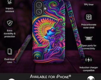 Funda psicodélica para iPhone: geometría de halo celestial, superficie de tela suave al tacto, estilo de vida inspirado en festivales, diseño de geometría cósmica