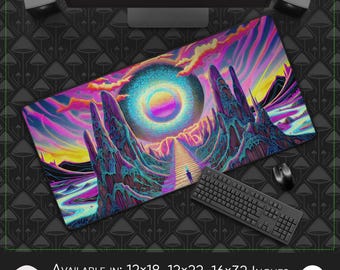 Alfombrilla de escritorio y ratón grande: geometría arcoíris líquida, forro protector suave, configuración de estudio en casa, toque psicodélico decorativo.