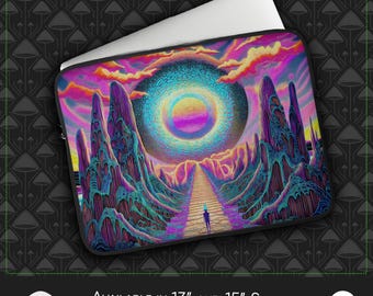 Funda psicodélica para portátil: geometría de halo celestial, construcción de neopreno acolchado, configuración de estudio en casa, diseño de geometría cósmica