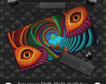 Alfombrilla de escritorio y ratón grande: Mandala fractal brillante, forro interior de piel sintética, espacio de trabajo de arte digital, diseño de geometría cósmica