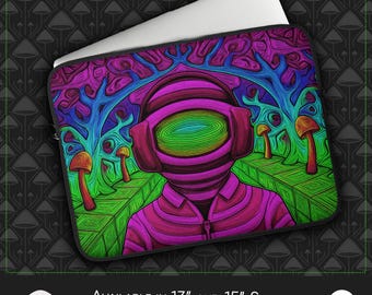Funda psicodélica para portátil: geometría de trance radiante, construcción acolchada de neopreno, configuración de estudio en casa, energía visual cósmica