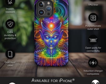 Funda psicodélica para iPhone: Mandala fractal brillante, neopreno resistente al agua, estilo de vida inspirado en festivales, energía visual cósmica