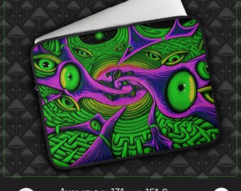 Funda psicodélica para portátil: geometría arcoíris líquida, construcción acolchada de neopreno, ideal para escritorio y estudio, diseño surrealista.