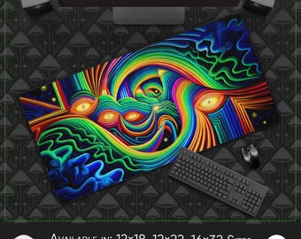 Alfombrilla de escritorio y ratón grande: Flujo geométrico holográfico, tela suave, protección tecnológica artística, arte abstracto visionario