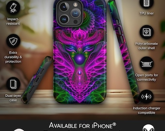 Funda psicodélica para iPhone: Geometría surrealista, carcasa resistente y amortiguadora, estudio en casa, toque psicodélico.