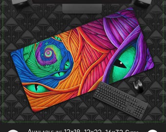 Alfombrilla de escritorio y ratón grande: Neon Lattice Vision, construcción acolchada de neopreno, estilo de vida inspirado en festivales, acentos de estilo cósmico