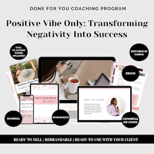 May include: A digital coaching program titled "Positive Vibe Only: Transforming Negativity Into Success" with a call to action page, journal, worksheet, ebook, and commercial use license. The program is editable in Canva.