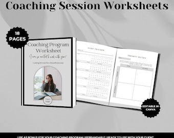 Feuilles de travail de séance de coaching | Boîte à outils de coaching | Modèles de feuille de travail de coaching | Modèles Canva modifiables pour les sessions client pour les coachs