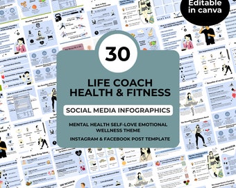 30 Plantillas Canva de Instagram de infografías de salud y fitness / Plantillas de publicaciones de Life Coach / Publicaciones en redes sociales / Publicaciones de Instagram de coaching