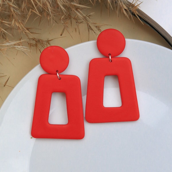 Red retro style earrings - 60s, 70s bright red earrings - Trapezium statement drop earrings sterling silver posts