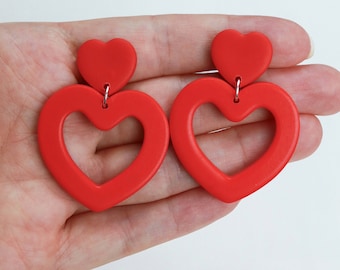 Bold red heart statement earrings - Handmade red vintage style earrings - Valentine's Day earrings - Valentine's Day gift - Cute earrings