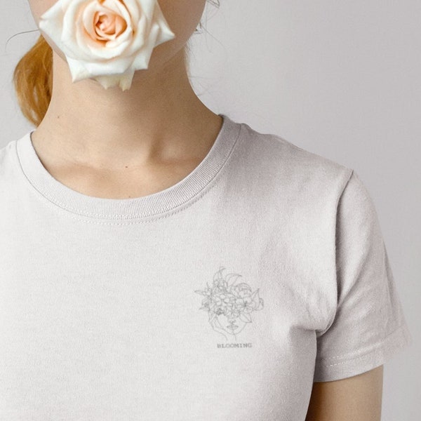 Organic T-Shirt Florales Frauen Gesicht, Outline Shirt, Boho, Blooming, T Shirt, Blumen, Geschenk für Sie, Minimalistic, Line Art,