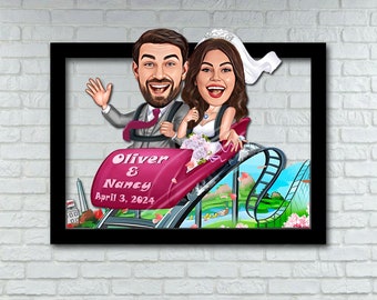 May include: A cartoon illustration of a bride and groom riding a pink roller coaster. The bride is wearing a white dress and veil, and the groom is wearing a gray suit. The roller coaster is set against a green and blue background with a cityscape in the distance. The text "Oliver & Nancy April 3, 2024" is printed on the roller coaster.