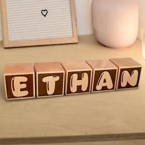 Engraved Name Blocks - Rustic Wooden Cubes for Nursery Decor, Baby Shower Gifts & New Baby Name Puzzle