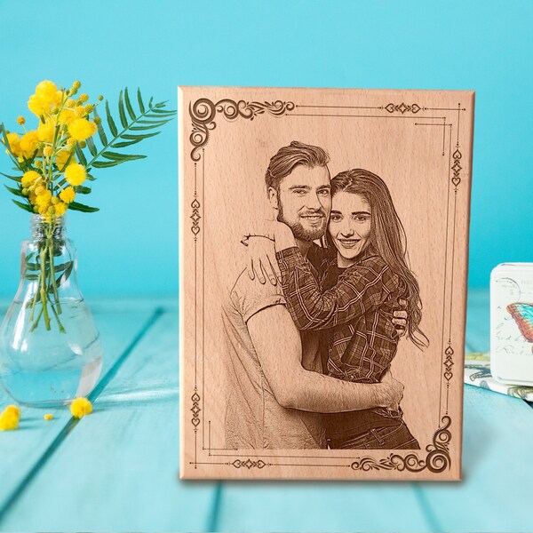 Cadeau d'anniversaire personnalisé photo sur bois Plaque en bois gravée au laser pour cadeau de mariage pour couple