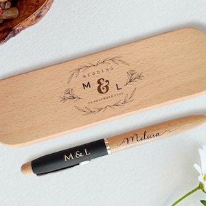 Set penna e scatola personalizzata, penna regalo personalizzata con firma in legno per, sposa, sposo, coppia regalo bomboniera, testimone, anniversario di matrimonio
