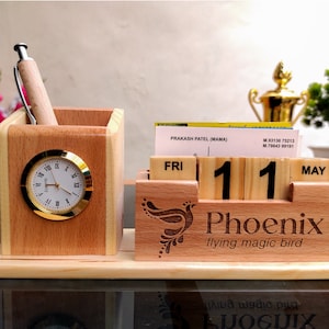 Personalized Wooden Desk Organizer: Pen Holder, Calendar & Clock