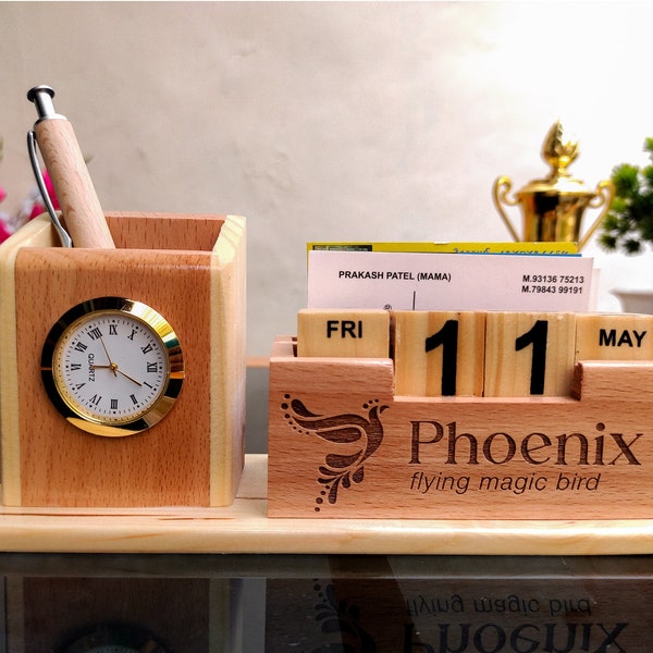Personalized Wooden Desk Organizer Pen Holder Gift for him Office Docking Station with Date Clock Desk Tidy, organizational gift