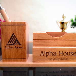 Houten gepersonaliseerde bureauhouder Dockingstation voor kantoor Pennenhouder Relatiegeschenk Visitekaarthouder