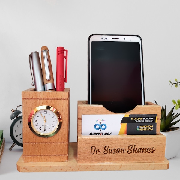 Organiseur de bureau personnalisé porte-stylo en bois cadeau pour médecin, infirmières, station d'accueil de bureau avec horloge rangement de bureau
