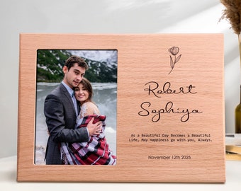 Idée cadeau personnalisée de cadre photo en bois de mariage et pour un souvenir de couple de jeunes mariés, un souvenir de date de mariage, un couple, une mariée, une femme, M.