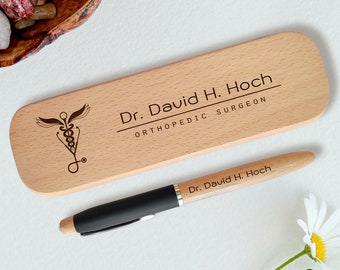 Personalized Doctor Pen with Wooden Case: Caduceus Medical Gift