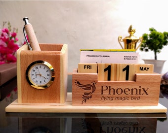 Personalized Wooden Desk Organizer Pen Holder Gift for him Office Docking Station with Date Clock Desk Tidy, organizational gift