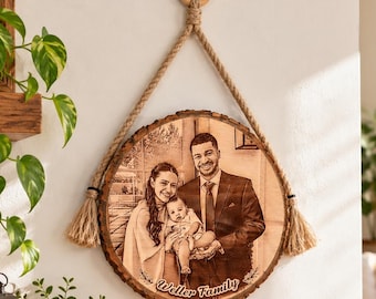 Personalized Laser Engraved Wood Photo Slice, Rustic Wall Hanging with Jute Rope
