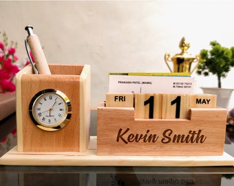 Personalized Wooden Desk Organizer Pen Holder Gift for Him Docking Station with Date Clock Desk Tidy