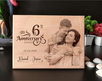 Personalized 6th Anniversary Photo on Wood: Laser Engraved Wooden Plaque