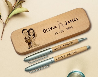 Custom Engraved Wooden Pen and Box Set – Cartoon Portrait Gift