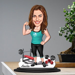 Caricatura personalizada de mulher forte, academia de ginástica, arte de moldura e presente para treinador de fitness, ela, irmã, amiga, mãe, esposa,