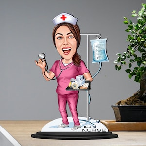 Verpleegkundige cadeau gepersonaliseerde cartoon karikatuur beeldje portret en fotolijst kunst, verpleegkundige waardering cadeau, RN, pensioen, cadeau