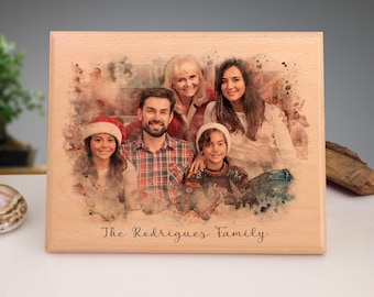 Custom Watercolor Family Portrait on Wood - Personalized Photo Art
